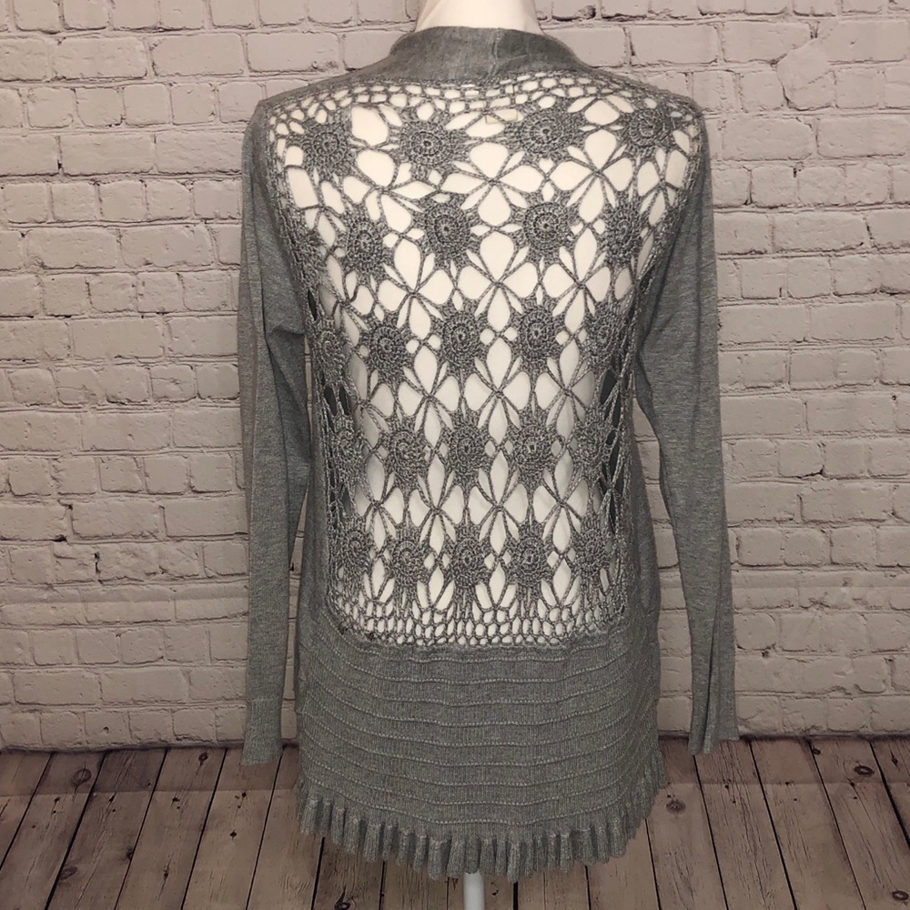 Gray Cardigan Sweater with Crochet back, sz Small